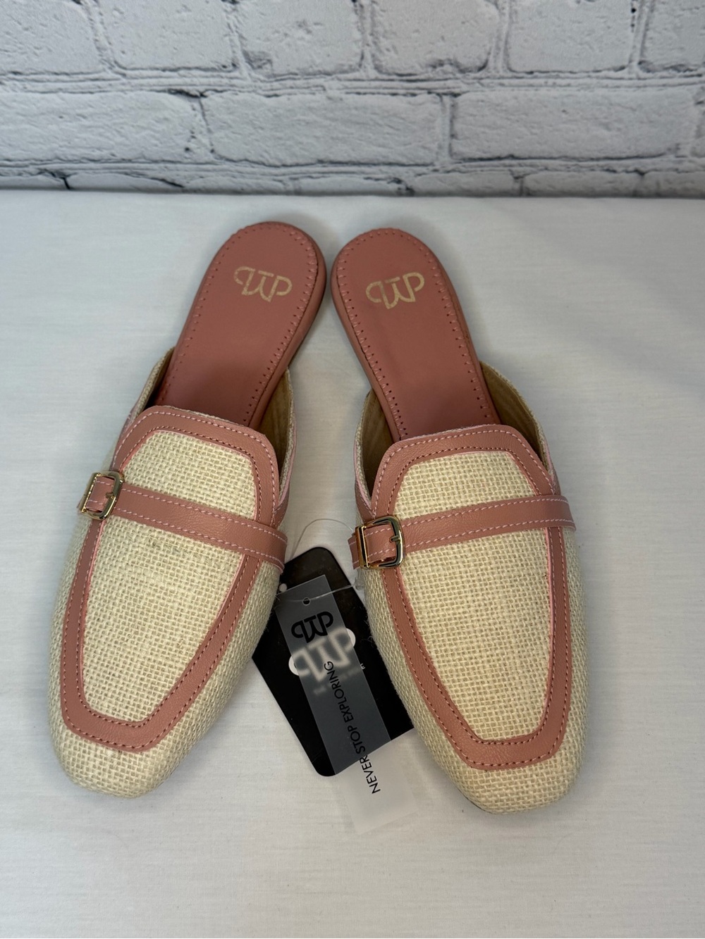 New Cream Woven Mules with Pink Trim and Buckle
